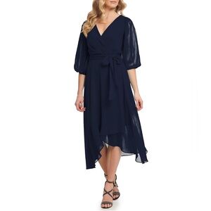 DKNY Chiffon Half Sleeve Faux Wrap Dress Navy Blue Size 8